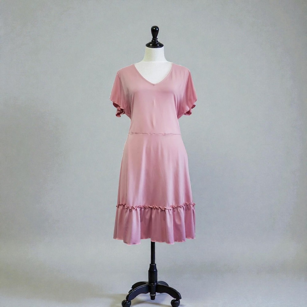 Alredine‎ Pink Ruffle V Neck Short Sleeve Midi Dress Women's Size M - Picture 2 of 8